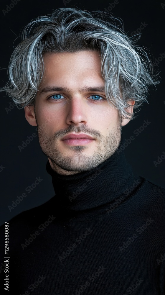 Fototapeta premium A man with a beard and gray hair is wearing a black shirt and a black necktie