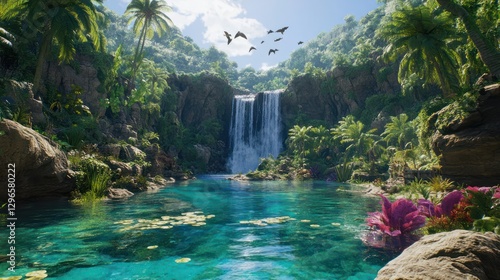 Crystal-Clear Lagoon with Lush Vegetation and Majestic Waterfall By Gemerated AI photo