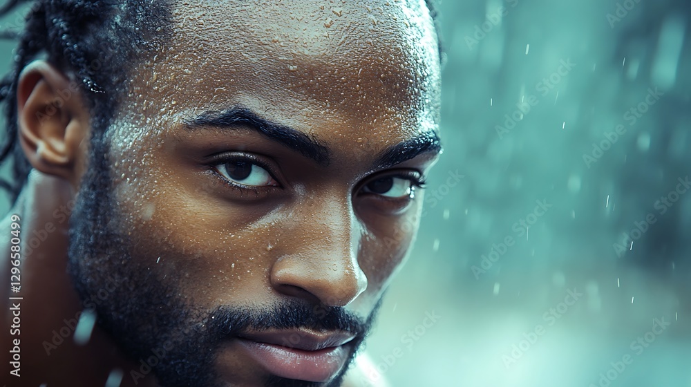 Man's face in rain; intense look; focus on sweat Man's face in rain; intense look; focus on sweat