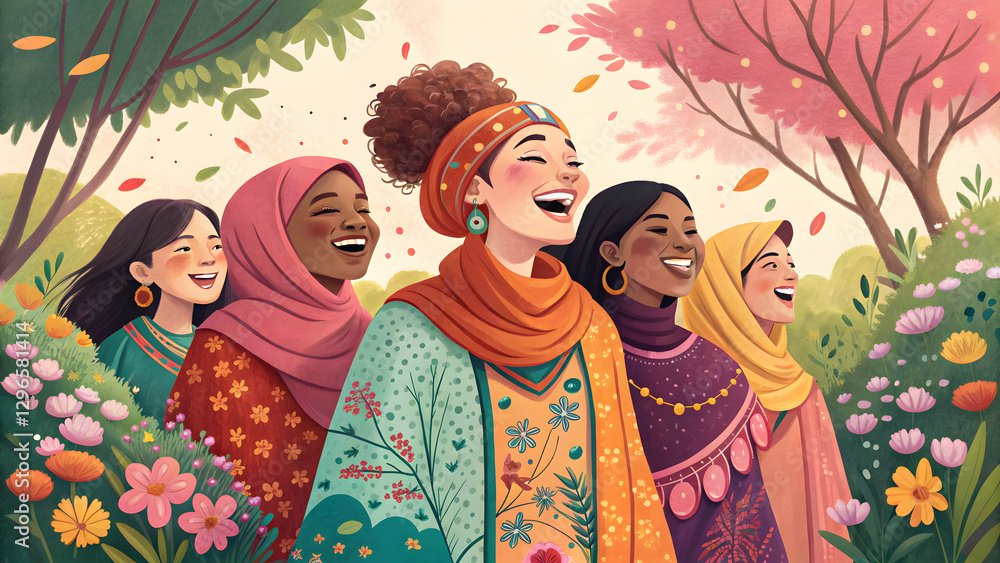 Fototapeta premium A vibrant watercolor illustration depicting a group of happy women from various cultural backgrounds standing together
