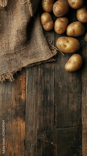 Rustic potatoes on aged wooden surface with burlap sack photo