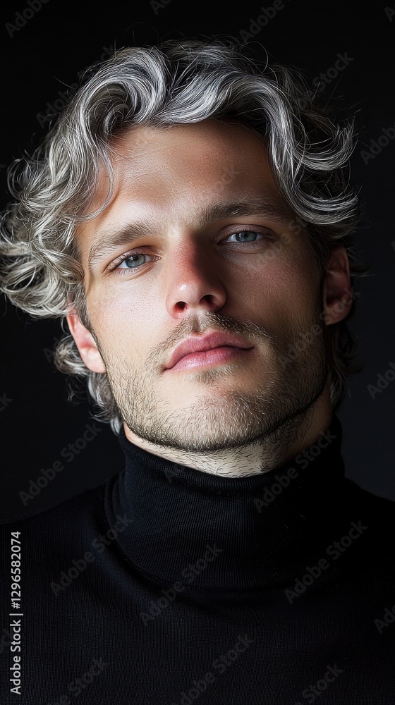 Fototapeta premium A man with a beard and a ponytail is wearing a black shirt and a black sweater