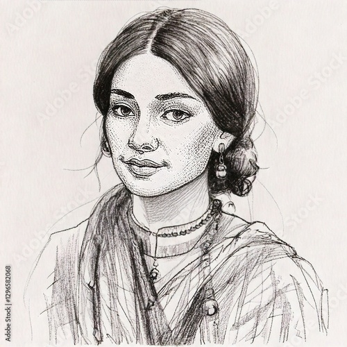 Poised and graceful, she is adorned with intricate earrings, her traditional clothing whispering tales of ancestry, creating an image of time-honored customs and poised elegance in monochrome.