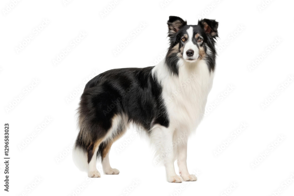 Elegant black and white dog poses confidently against a simple background, showcasing its charming demeanor and fluffy fur, cut out Elegant black and white dog poses confidently against a simple background, showcasing its charming demeanor and fluffy fur, cut out
