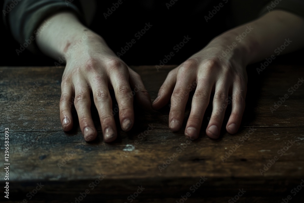 Fototapeta premium A pair of rough, weathered hands resting on a rustic wooden table, evoking emotion and storytelling.