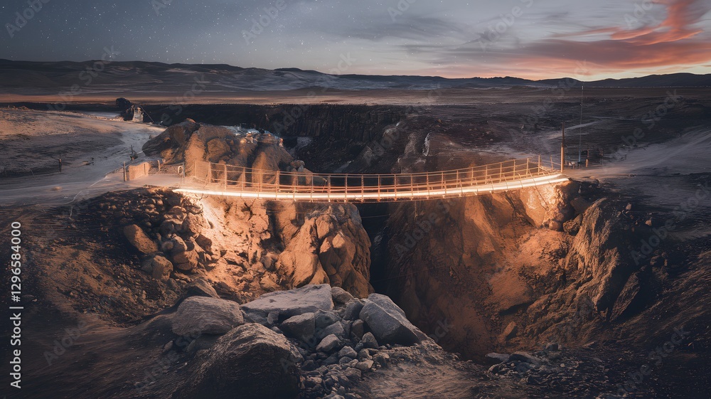 Fototapeta premium A glowing bridge suspended over a vast chasm, symbolizing overcoming challenges.