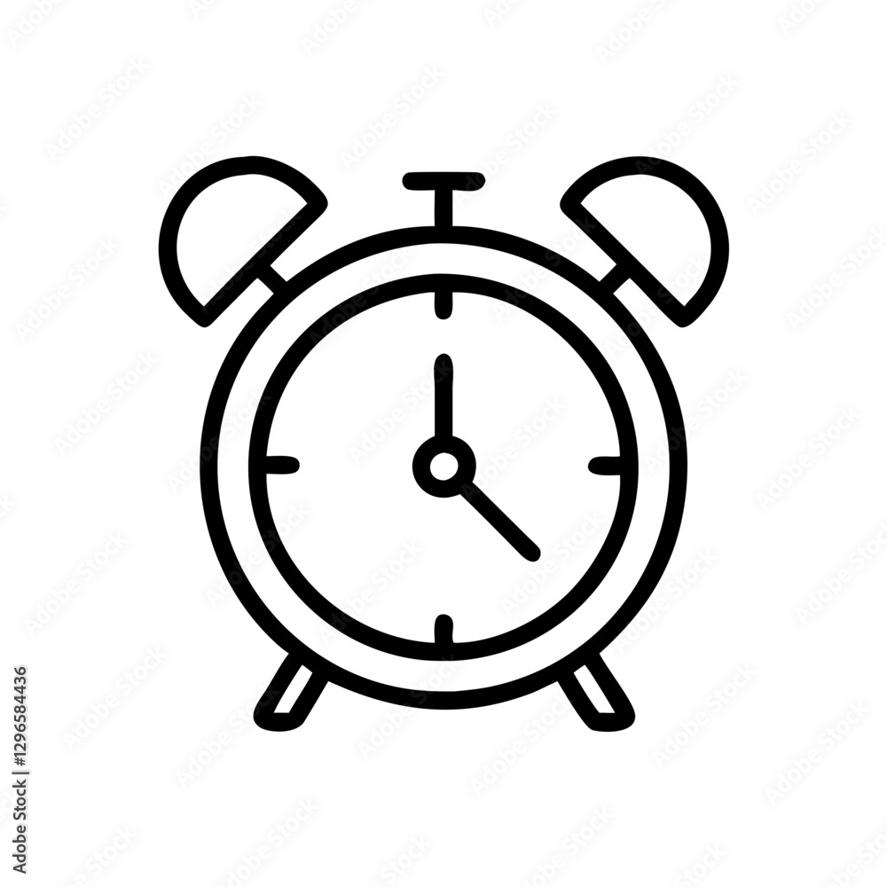 Classic alarm clock icon in black and white, time management concept Classic alarm clock icon in black and white, time management concept