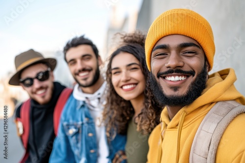 Group of four smiling friends posing outdoors for a picture, happy friendship memories concept