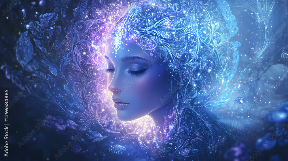 A stunning illustration of an ethereal goddess surrounded by a glowing aura, encased in a beautifully intricate, ornate frame. Ethereal Star Goddess. Illustration A stunning illustration of an ethereal goddess surrounded by a glowing aura, encased in a beautifully intricate, ornate frame. Ethereal Star Goddess. Illustration
