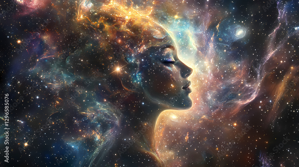 A stunning wallpaper featuring an ethereal space goddess surrounded by stars and galaxies. Ethereal Star Goddess. Illustration A stunning wallpaper featuring an ethereal space goddess surrounded by stars and galaxies. Ethereal Star Goddess. Illustration