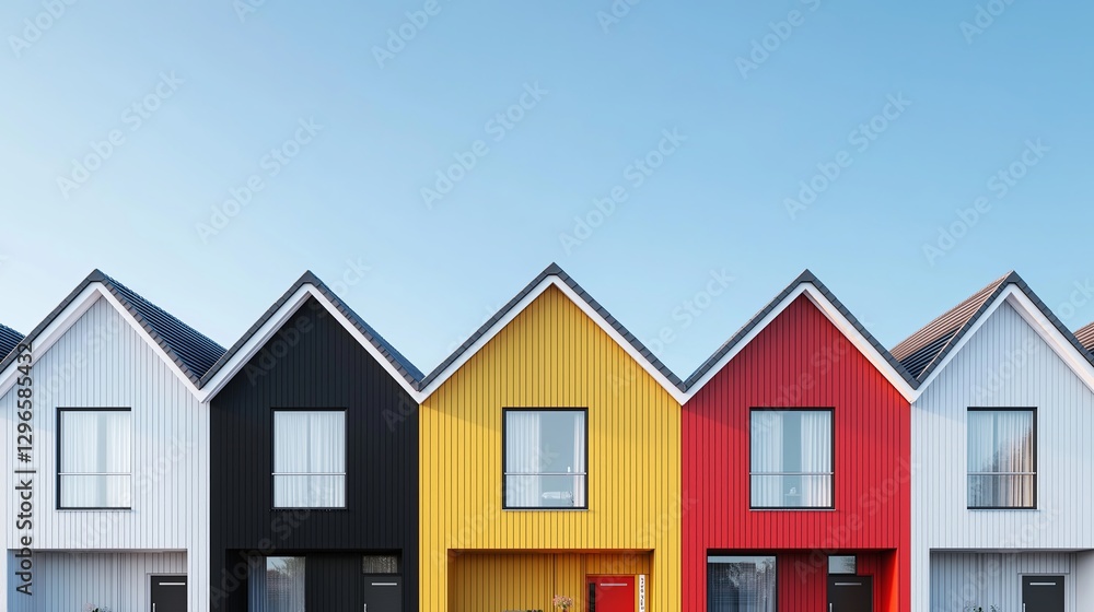 A row of identical minimalist houses, except one in a bold color