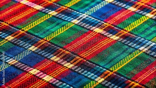 Macro Close-up of Diagonal Tartan Fabric Texture: Square Pattern Textile Detail