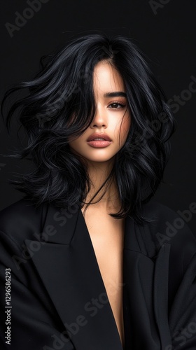 A woman with long black hair is wearing a black jacket