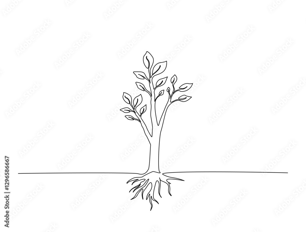 Obraz premium Continuous one line drawing of tree with the roots. Tree in single line draw illustration. Editable stroke.