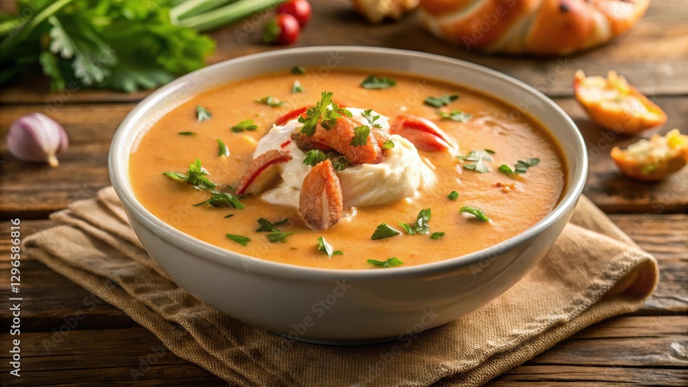 Creamy lobster bisque soup with chunks of lobster meat and a dollop of cream on top, served in a shallow bowl Creamy lobster bisque soup with chunks of lobster meat and a dollop of cream on top, served in a shallow bowl