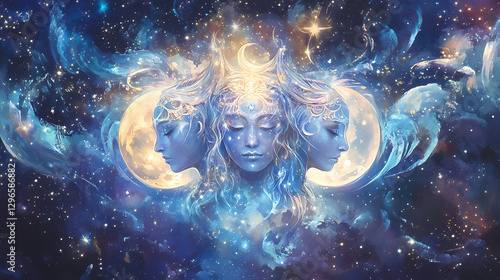 Celestial triple goddess mystical woman moon and stars spiritual art feminine energy. Ethereal Star Goddess. Illustration