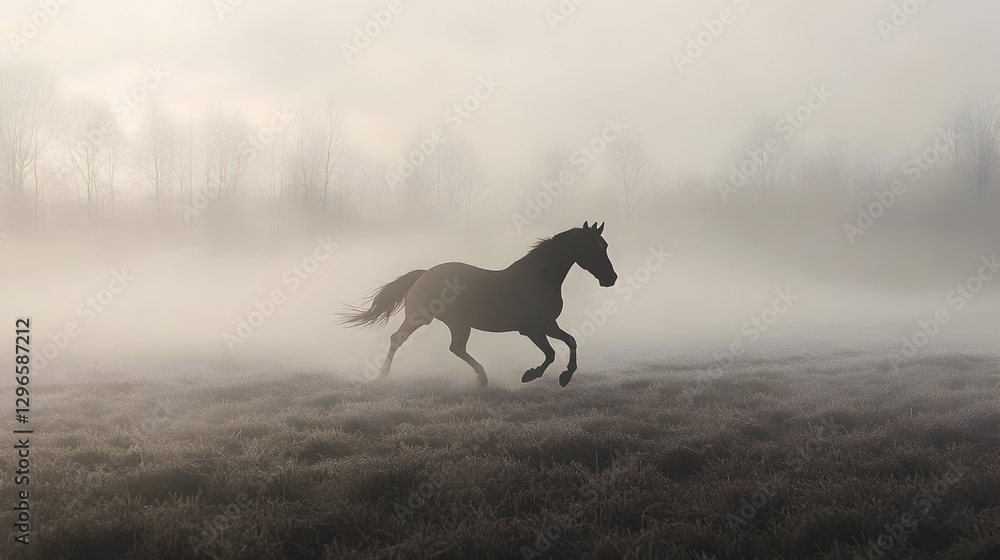 frozen in mid-gallop across a misty field, the steam from its breath suspended in the chilly air frozen in mid-gallop across a misty field, the steam from its breath suspended in the chilly air