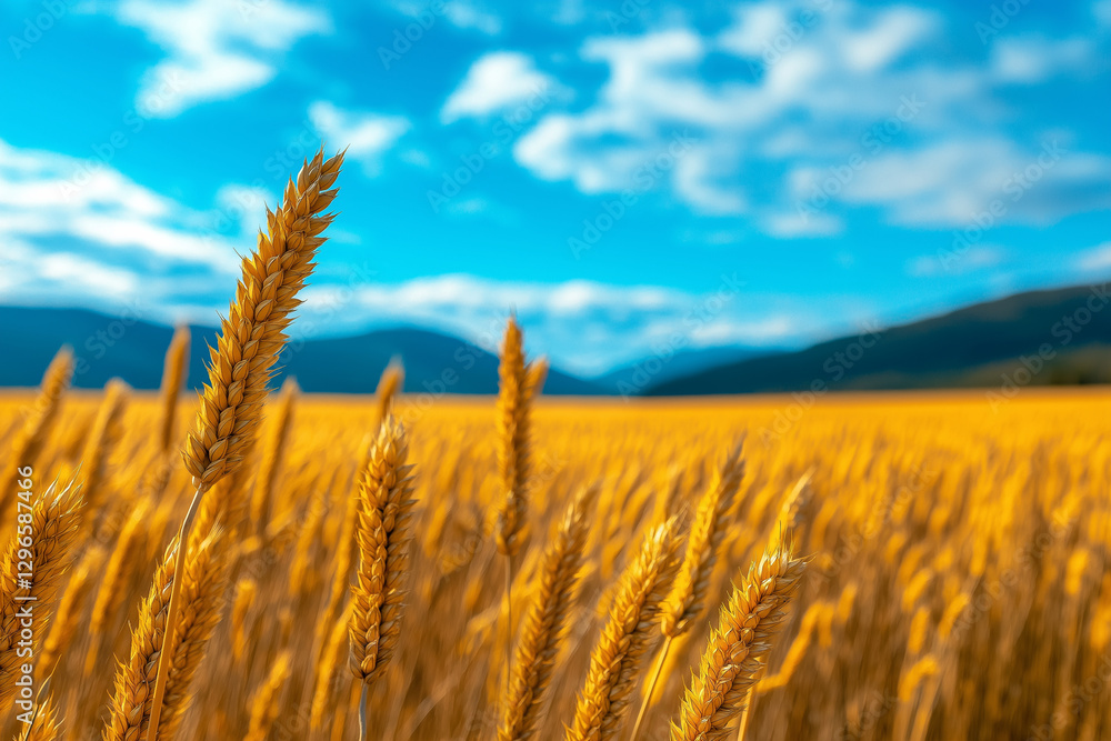 Fototapeta premium Golden wheat field under bright blue sky with fluffy clouds, showcasing nature beauty and tranquility. vibrant colors evoke sense of peace and abundance