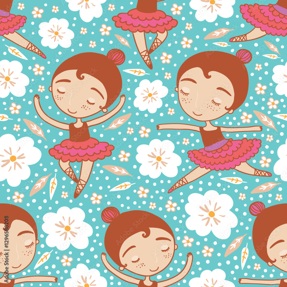Seamless Ballet Pattern Cute Ballerina Girls on Floral Background Seamless Ballet Pattern Cute Ballerina Girls on Floral Background
