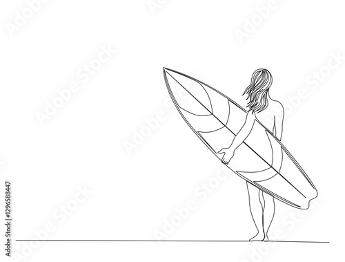 Continuous one line drawing of Young lady holds surfing longboard. Surfer with her surfboard in single line draw illustration. Editable stroke.