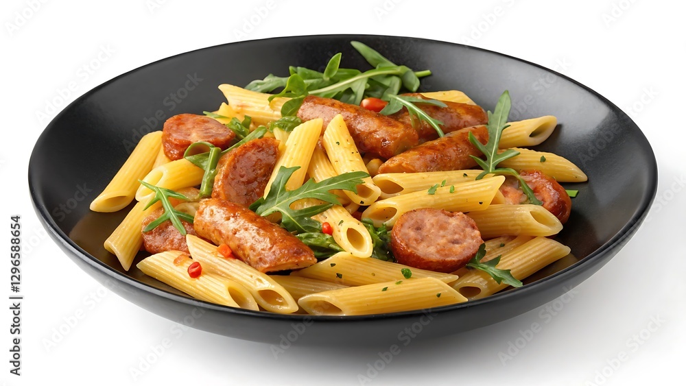 black plate of penne with sausages e rucola black plate of penne with sausages e rucola