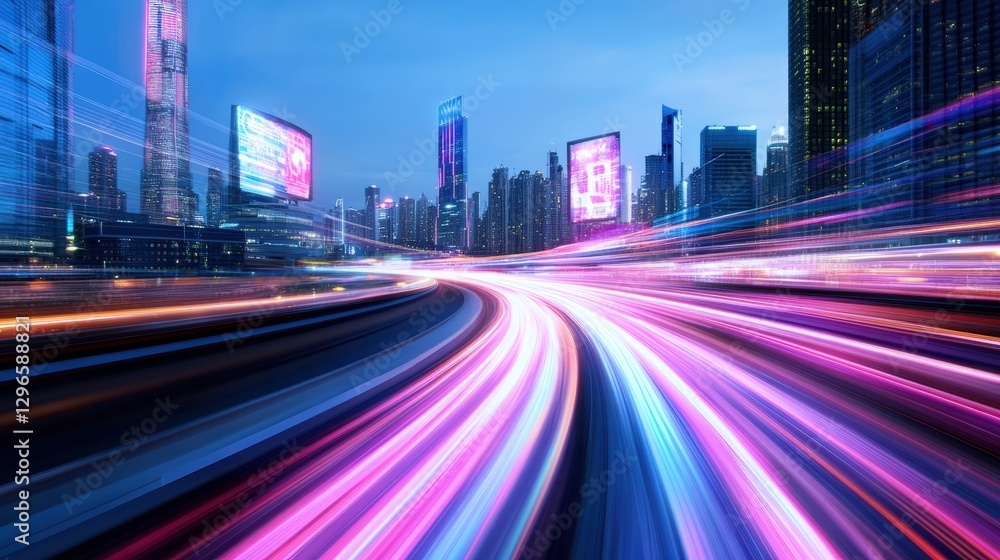 Fototapeta premium Neon pulse futuristic cyberpunk cityscape night scene urban environment dynamic perspectives illumination