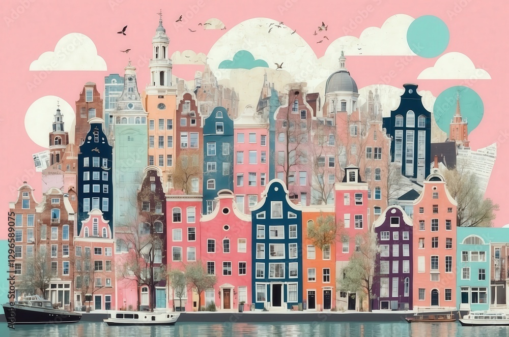 Naklejka premium Colorful canal houses in a vibrant city scene depicting the charm of urban architecture
