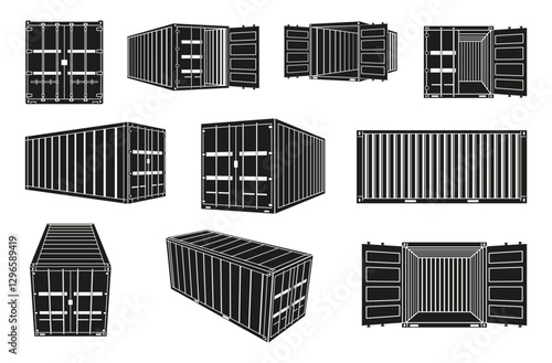 Metallic black cargo container front side and perspective view set isometric vector illustration