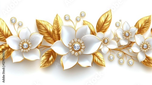 Luxury Gold & Diamond Floral Design: Elegant White Blooms