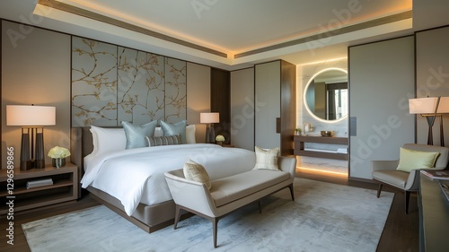 Contemporary master suite with a king-size bed, ambient lighting, and soft furnishings.