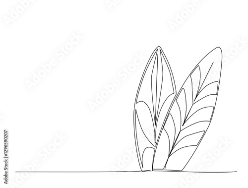 Continuous one line drawing of surfing longboard design. Surfboard in single line draw illustration. Editable stroke.
