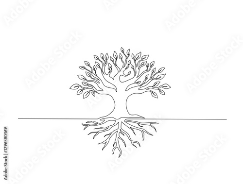 Continuous one line drawing of tree with the roots. Big Tree for green nature concept in single line draw illustration. Editable stroke.