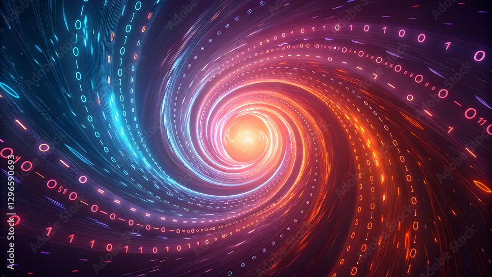 Swirling digital vortex with binary code glowing in red and blue colors background Swirling digital vortex with binary code glowing in red and blue colors background