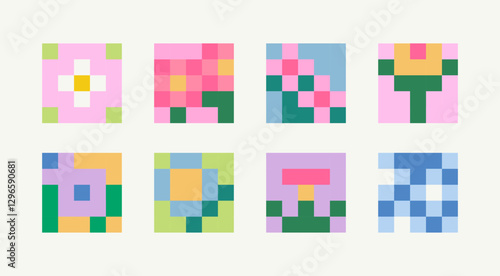 Various 8bit Flowers. Square floral icons. Pixel Art, retro video game, embroidery style. Hand drawn modern Vector illustration. Embroidered cross stitch, Vintage 90s gaming concept. Isolated elements