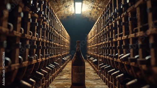 Elegant wine cellar showcasing rows of fine wine bottles with soft lighting and rustic charm