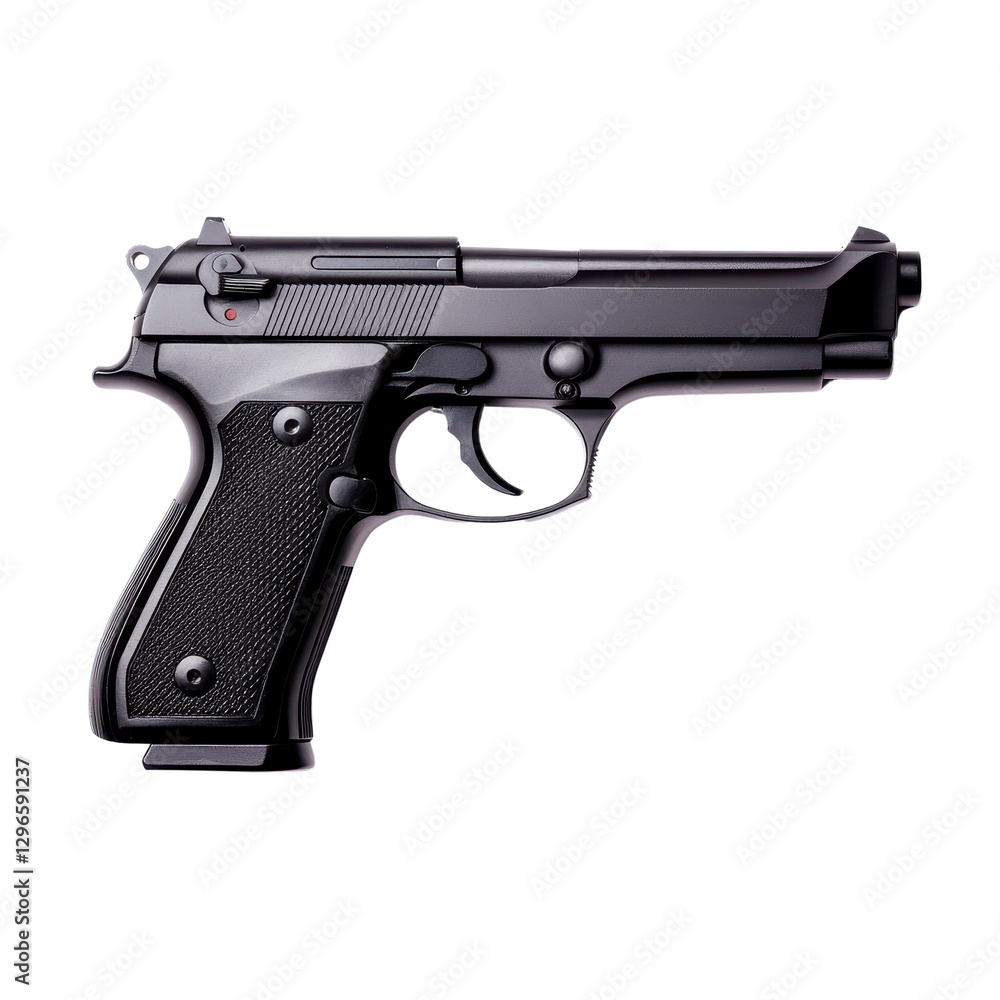 Black semi-automatic handgun on a plain surface, showcasing sleek design and usability, emphasizing security and precision. Isolated on white background or PNG Black semi-automatic handgun on a plain surface, showcasing sleek design and usability, emphasizing security and precision. Isolated on white background or PNG