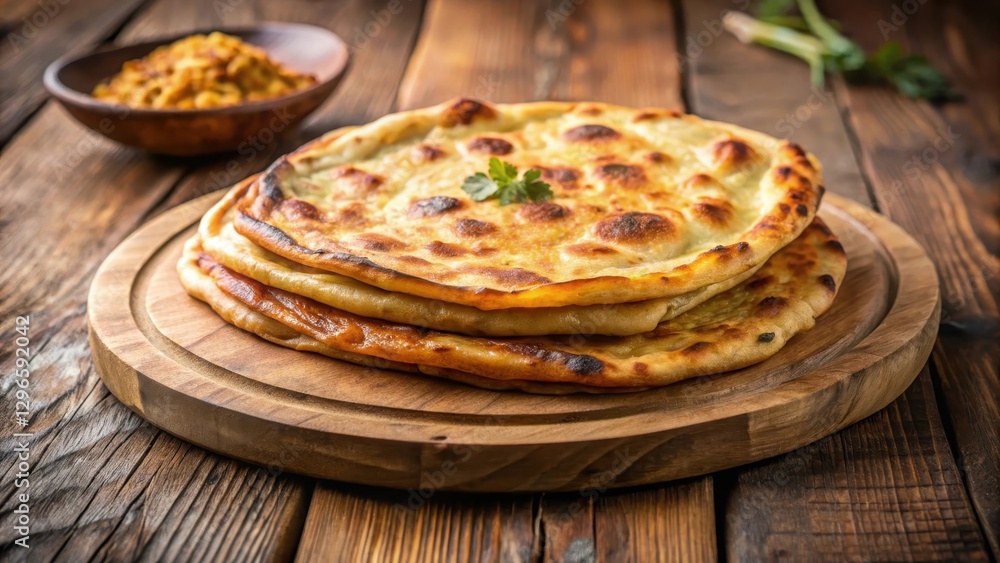 Flaky golden-brown paratha on a wooden cutting board, Indian cuisine, serving, Indian cuisine, serving, cooking Flaky golden-brown paratha on a wooden cutting board, Indian cuisine, serving, Indian cuisine, serving, cooking