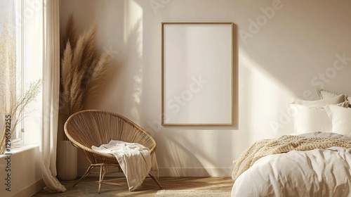 Mock-up frame hanging on a wall in a minimalist bedroom, modern rattan chair, neutral bedding, wooden floors, soft lighting from the window, cozy and calming atmosphere, 3D render.