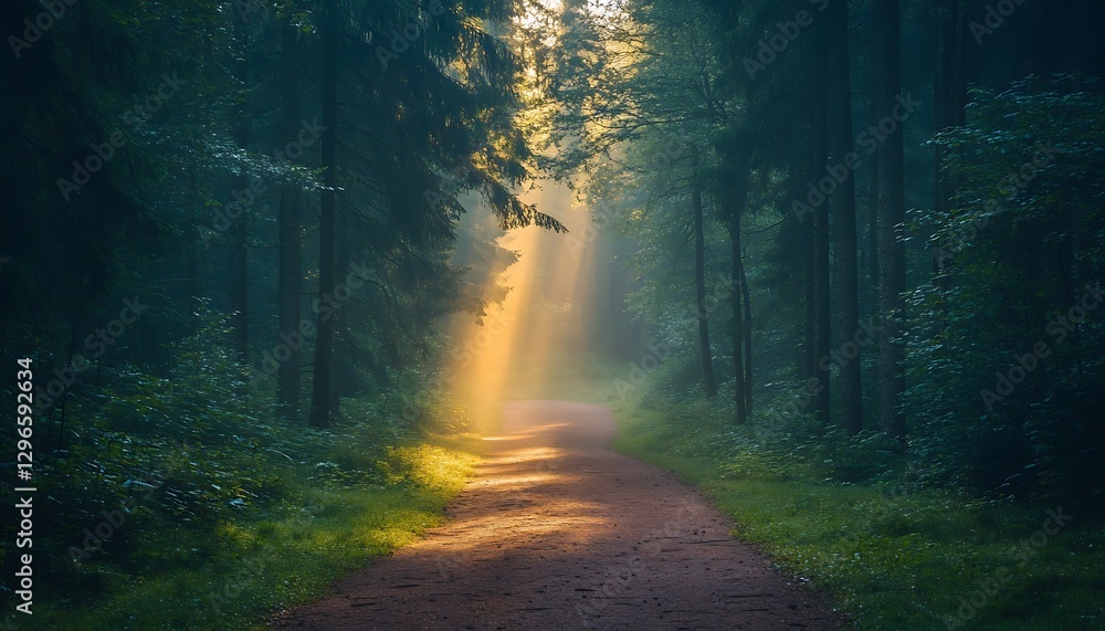 Obraz premium Sunbeams Forest Path Morning (1)