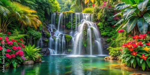 Stunning waterfall cascade, lush greenery, and vibrant tropical flowers in the background, foliage, landscape,  foliage, landscape