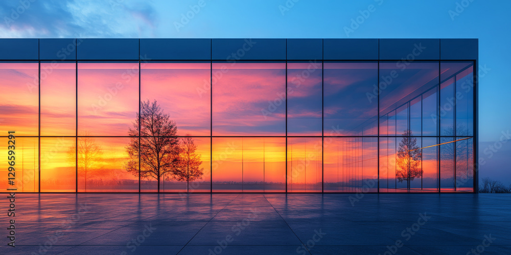 Fototapeta premium Modern office building with glass facade and cityscape at sunset. Modern City Architecture. Business Center in the City. Real estate, commercial property