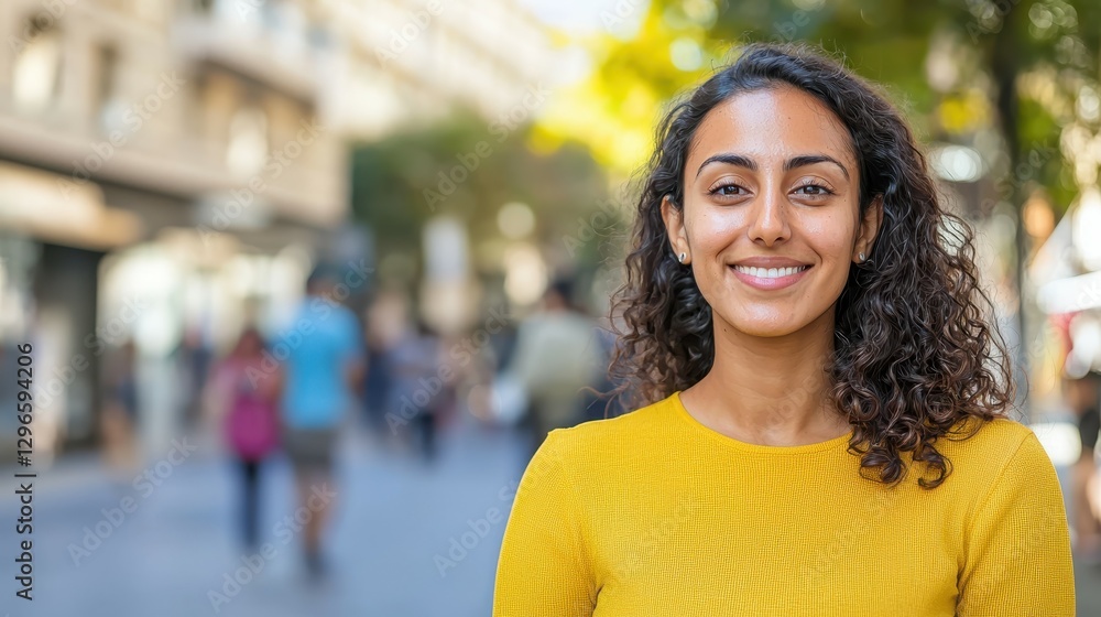 A joyful woman with curly hair wears a bright yellow sweater while strolling in a bustling city neighborhood filled with people enjoying the day A joyful woman with curly hair wears a bright yellow sweater while strolling in a bustling city neighborhood filled with people enjoying the day