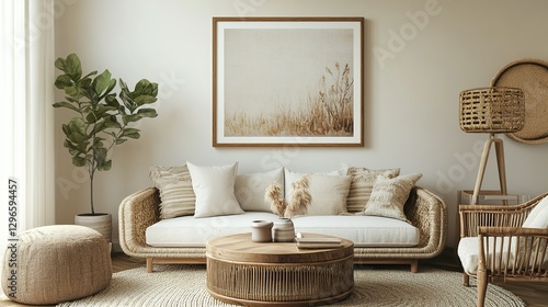 Mock-up frame in a serene living room, soft beige walls, natural rattan furniture, wooden coffee table, cozy neutral decor, framed painting above the couch, 3D render.