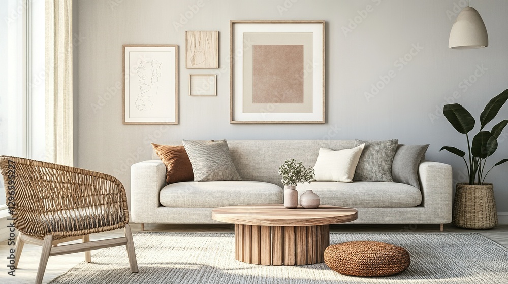 Fototapeta premium Mock-up frame in a minimalistic living room, light gray walls, large window, modern rattan chair, natural wooden coffee table, cozy decor, framed art on the wall, 3D render.
