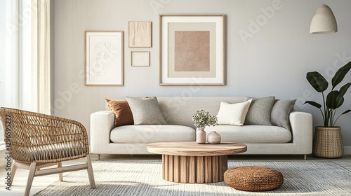 Mock-up frame in a minimalistic living room, light gray walls, large window, modern rattan chair, natural wooden coffee table, cozy decor, framed art on the wall, 3D render.