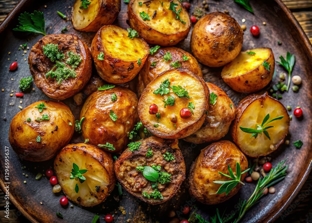 Macro Photo: Vibrant Spiced Baked Potatoes, Top-Down View Macro Photo: Vibrant Spiced Baked Potatoes, Top-Down View