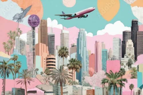 Colorful collage depicting vibrant cityscape with palm trees, a plane, and bright sunshine in Los Angeles