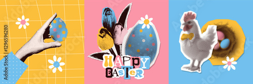 Happy Easter modern retro art collage square cards set. Trendy greeting cards with cut out of magazine shapes. Halftone hand holding Easter egg, chicken, nest with eggs. Vector illustration