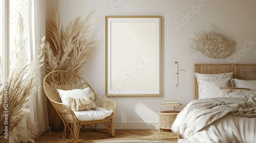 Mock-up frame hanging on the wall above a cozy rattan armchair, warm-toned bedroom with soft bedding, wooden floor, soft natural lighting, neutral decor, 3D render.