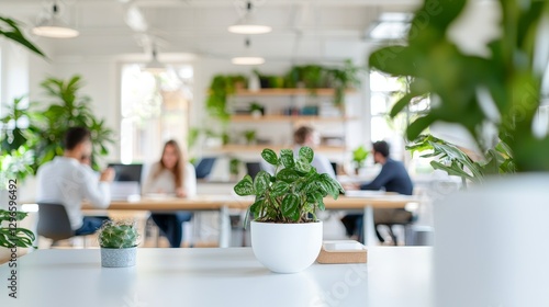 Collaborative workspace design with indoor plants modern office photography bright environment close-up concept